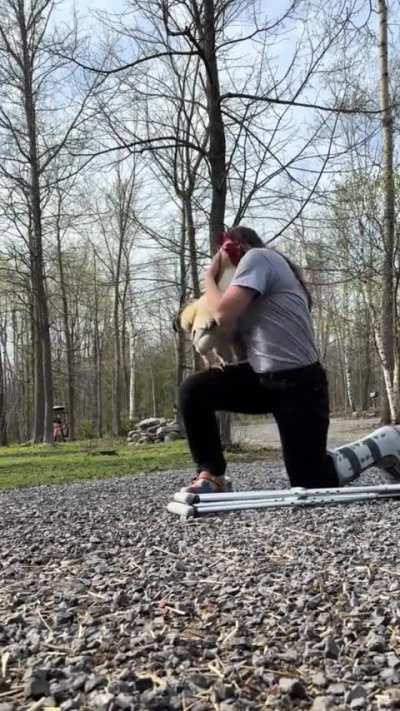 The broken ankle makes it difficult, but there is no excuse for not hugging the chickens