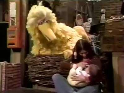 Back in the day when Sesame Street normalized public breastfeeding. Canadian singer Buffy Sainte-Marie breastfeeding her baby son Cody during a 1977 episode, which is believed to be the first representation of breastfeeding ever aired on television.