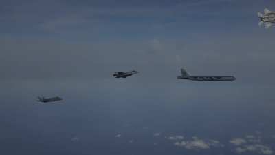 Israeli F-35i and F-15i aircraft flew alongside a U.S. B-52 strategic bomber.