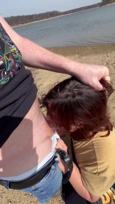 Taking care of him on our hike and swallowing like a good girl 