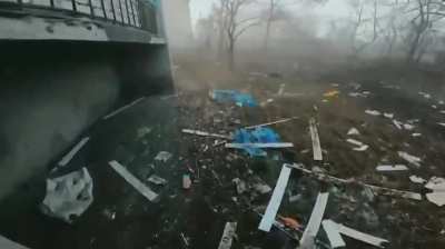 (Archival) A Ukrainian soldier crosses a street during a battle to deliver medical supplies to a friendly position. Battle Of Bakhmut April, 2023.