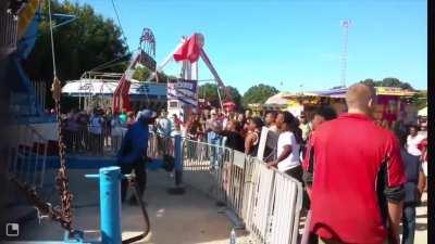 It started because the worker told one of them that they couldnt enter because the ride was full