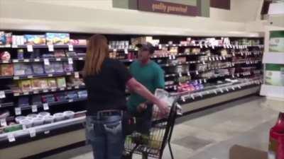 Male karen curse and yell at a store worker but cowers when security intervene.