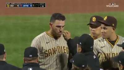 Umpires check Joe Musgrove’s ears for a foreign substance