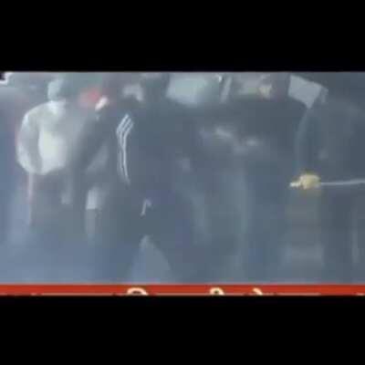 Sikh farmer stands his ground against water cannon in massive farmer protest against reforms passed by the Indian government.