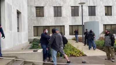 Trump supporters force journalist to leave, at the Oregon Capital building protests (a man later lunges at the journalist, link to that video in comments)