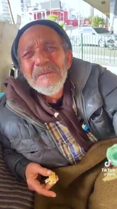 A grateful homeless man would rather give up an offering to someone “who may need it more”.