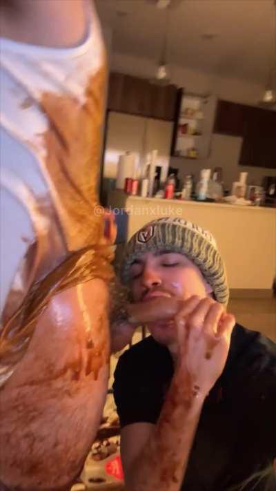 Tasting his dirty food covered cum 