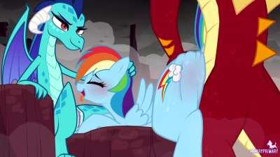 Rainbow Dash pleasuring dragon couple (canaryprimary)