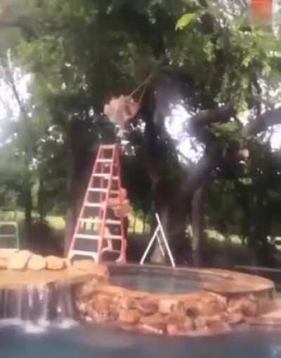 After climbing up an 8 foot ladder, his hands slip he falls and slams his spine into a jacuzzi rockwall