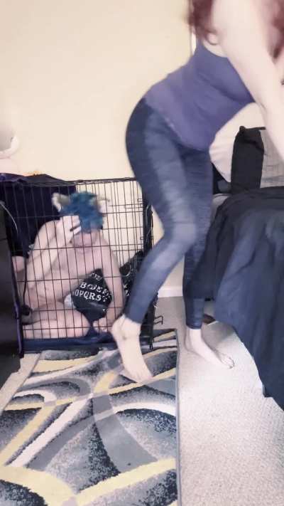 For being a good patient little kitty in his cage while me and my bull were fucking in our bed, I rewarded my cucky with some post-fuck sweaty feet 😜🤭. [oc] [domme] 