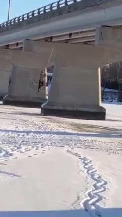WCGW while I attempt to swing off this bridge with skis