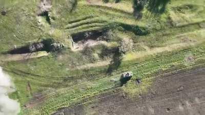 RU pov: Two AFU armored vehicles raid RuAF position. One vehicle explodes from mine or atgm hit.