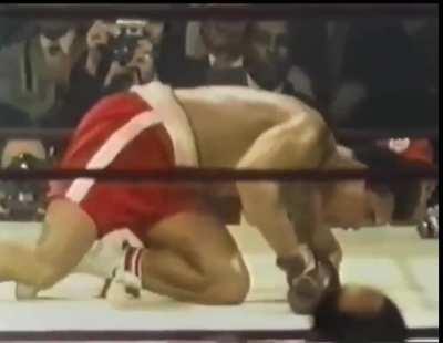 Joe Frazier knocks down Muhammad Ali in their “Fight of the Century” bout. 8th March 1971.