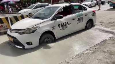 Not putting up signs and bwarriers on newly poured concrete