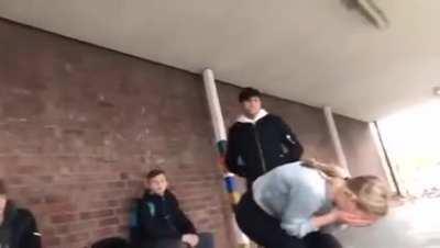 German female bully slaps boy because he refused to hit a girl, instantly regrets it by getting punched in the mouth by said boy, seeks angry revenge only to instantly regretting it again by getting thrown on the floor by him