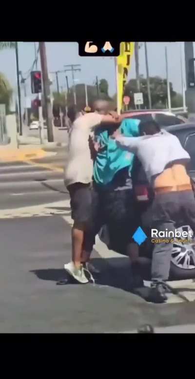 Blue shirt gets his ass beat by a random guy that was helping the old man getting wailed on in the street.