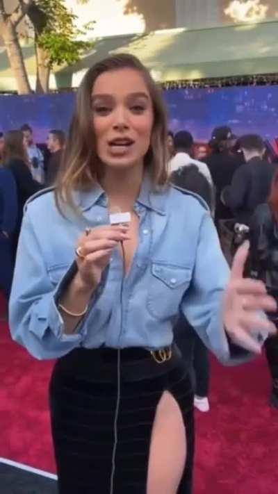 Hailee with a tiny mic at SpiderVerse Premiere, May 2023