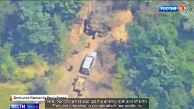 RU POV: Video of how a Russian artillery command unit managed to make the Ukrainians waste a HIMARS rocket on a fake control point position using a Russia-1 TV report and some decoys as bait. Summer 2023.