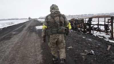 Destroyed Russian column in Sumy region, Ukraine. Location: crossroad between Lantrativka (11 km) and Lebedyn (25 km). Ukrainian army used Stugna P anti-tank missiles here.