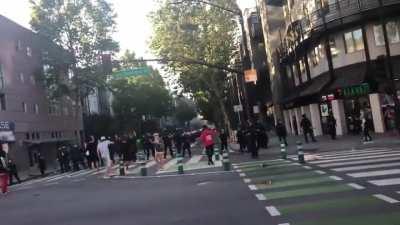 POV footage of a man at the San Jose protests being shot with rubber bullets (00:35) before a stinger grenade detonates in his face.