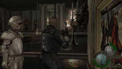I find it funny that when Leon catches Ashley with the suit of armor he almost breaks his back