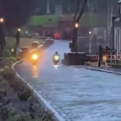 Batman falling off his motorcycle while filming in Glasgow for The Batman (2022)