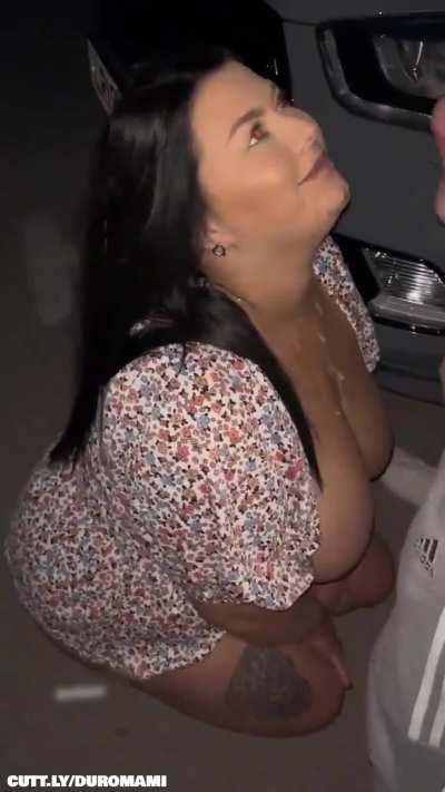 Chubby hotwife gets three loads from strangers in a parking lot