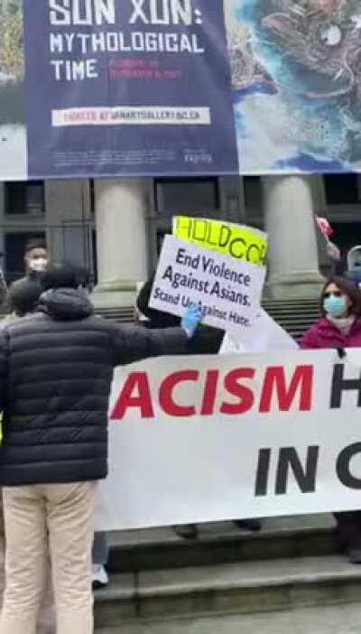 Multiple Pro-CCP members in anti-Asian hate protest try to mute a pro-democracy, anti-racism guy. I could reasonably infer that the majority of these protesters are pro-CCP. Some of them may receive funds from Chinese embassy.