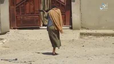 ISIS fighter with one leg hops into battle. Mosul, Iraq 2017