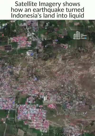 This happened on Sept. 28, 2018 in Indonesia when sand, saturated in water, was shaken by an earthquake and turned into a liquid state.