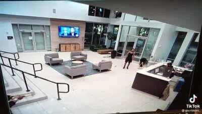 Crazy lady chucks several hammers at two guys for NO reason