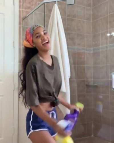 Tai'aysha is easily distracted from spring cleaning