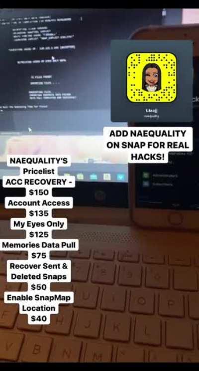 Go add @naequality on snap to order social media hacks for platforms such as instagram, snapchat, twitter , facebook , tiktok , emails & iclouds + so much more. Group Link In Comments Below