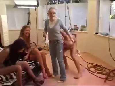 Horny guy on a porn set decides to try and fuck the make up lady