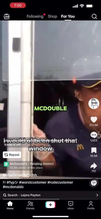 Karen eats their (cold) McDouble and expects another one for free 