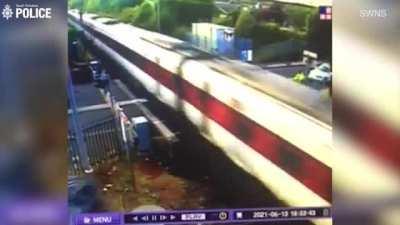 Horrific moment a drink-driver smashes his Range Rover into a speeding train causing numerous injuries, £345,000 worth of damage and delays to the rail network. Further details in comment below.