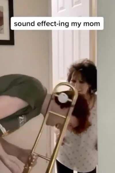 Kid sound effects mom while she does stuff around the house.