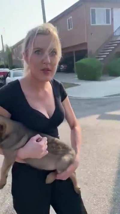 Crazy woman throws her puppy at a man. She doesn't get it back.