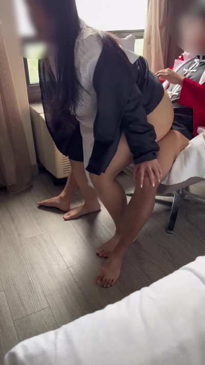 Cosplay slut riding cock beside the window