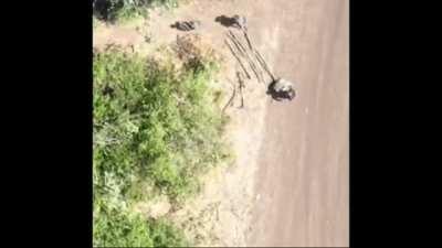 Ukrainian drone drops a grenade on a Russian soldier, wounding him, then as he receives help from comrades, a second grenade is dropped wounding several of them