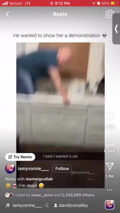 Yes, a grown adult thinks that breaking perfectly good glassware that he probably bought will prove a point to his daughter about buying a cat. This guy would probably ‘act like a baby’ if his daughter said she wanted one. So dumb.