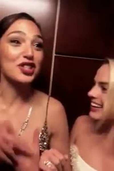 A drunk Gal Gadot and Margot Robbie taking you up to their room for a threesome