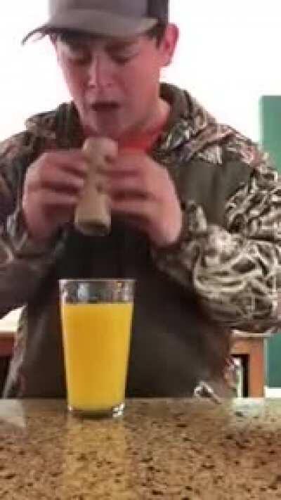 DBS drinking juice with a toilet paper cardboard tube!