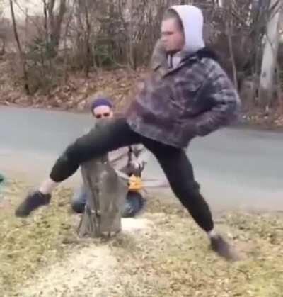 Kicking a stump with your hands in your pockets