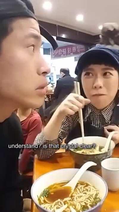 Losing his cool because he can't speak English well lol