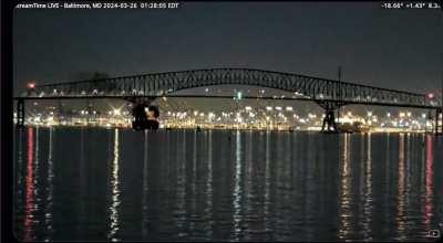 3/26/24 - Francis Scott Key Bridge Collapse, Baltimore MD - Longer Video With Vessel Movement Before Impact.