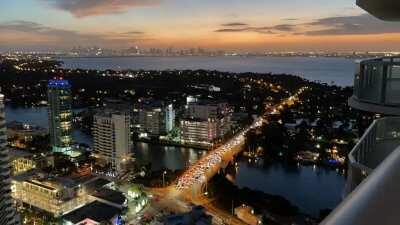 Timelapse sunset in Miami Beach, looking at downtown Miami skyline