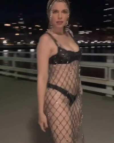 Booty in thong, under crystal chain midi dress (Julia Fox - AREA IG, 7/8/20)