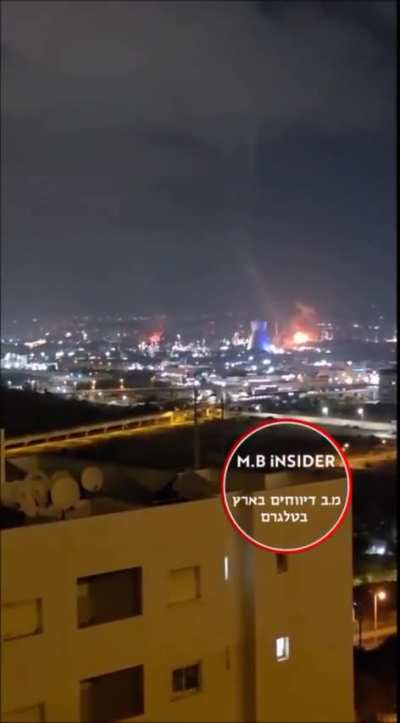 Two Iranian ballistic missiles directly striking the Haifa oil refinery (June 16, 2025)